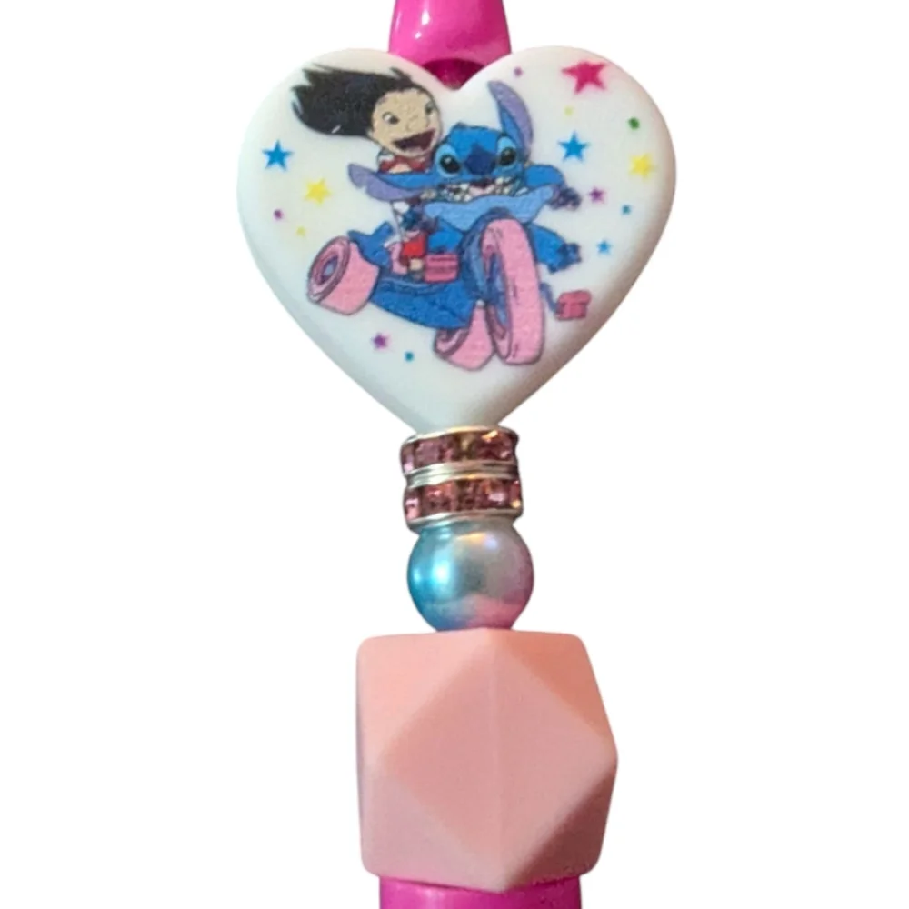 Hand Crafted Lilo Stitch Pen Heart Charm Beaded Pink Handmade NEW